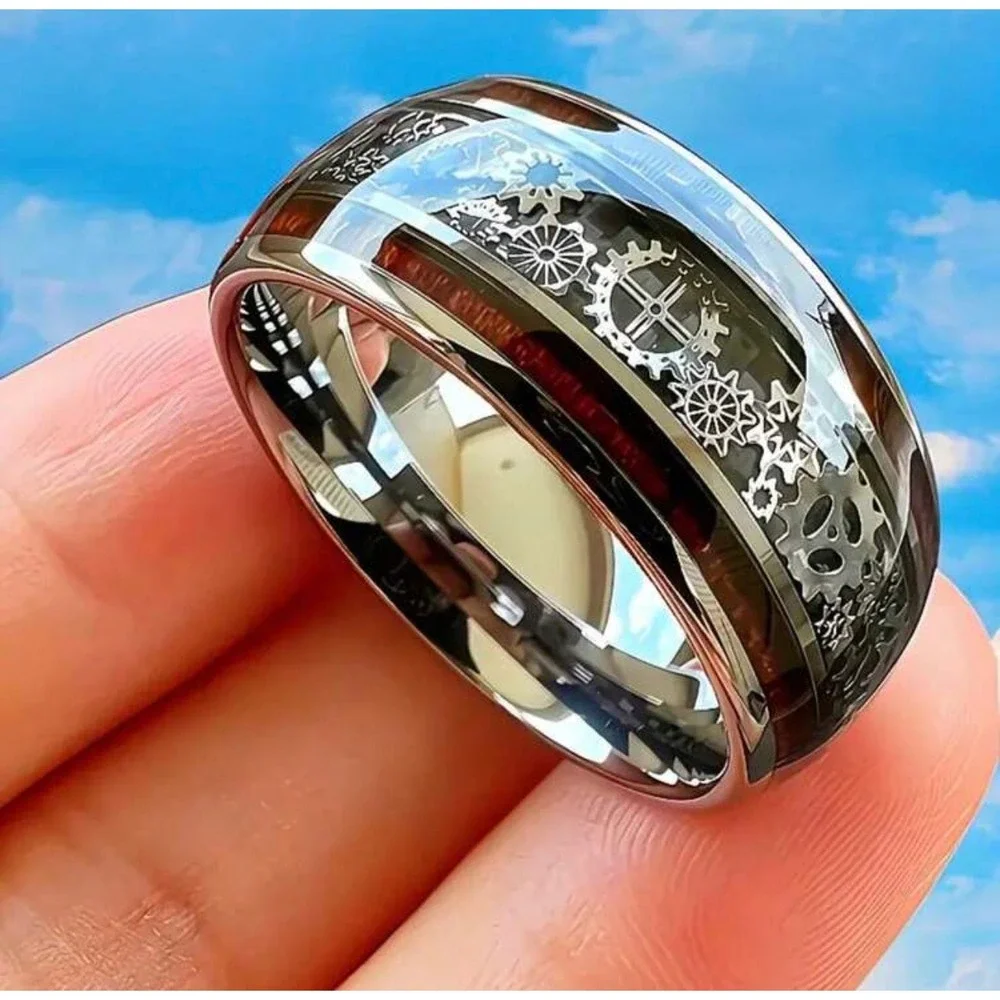 Steampunk Gear Inlay Band Ring Silver Tone Industrial‎ Mechanical Clockwork Ring
